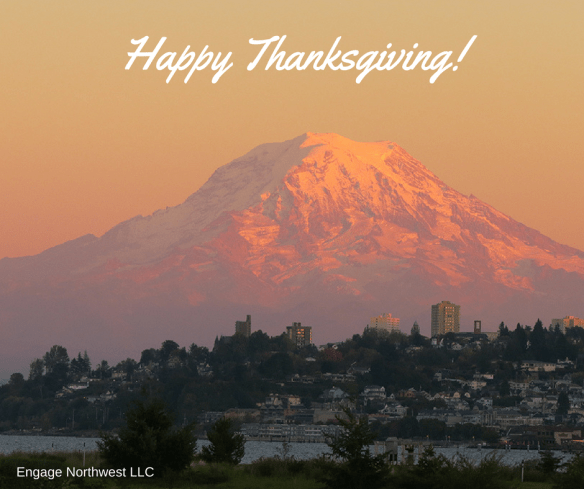 Photo of Mount Rainier and Tacoma skyline. Happy Thanksgiving!