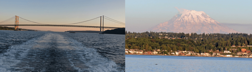 Photo of Narrows Bridge and Mt. Rainier at sunset